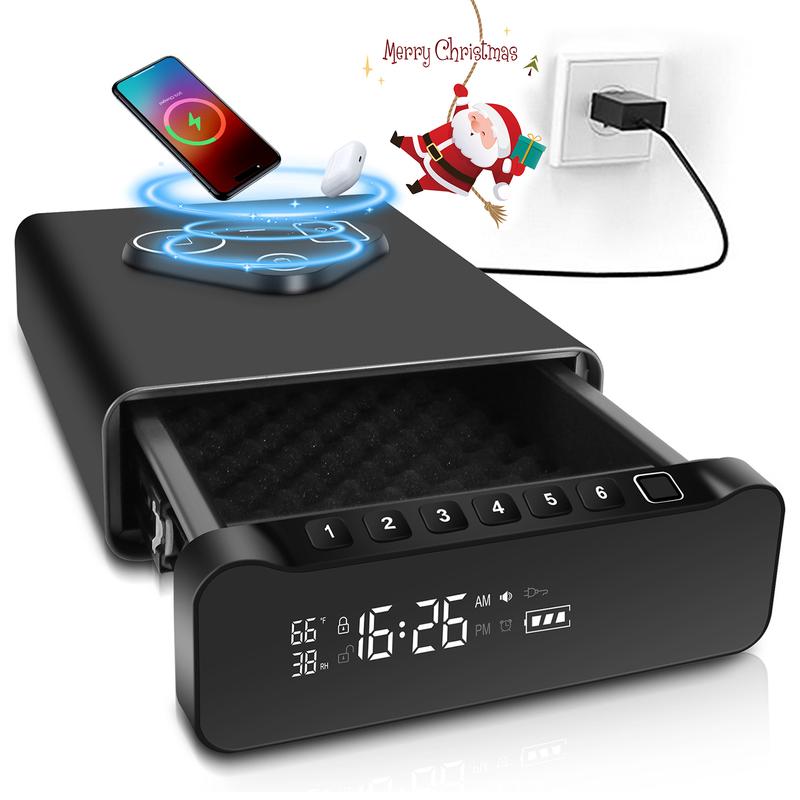 VAULTIQ Vault Pro– Biometric Fingerprint Security Safe with Clock | 3-in-1 Wireless Charging for Phone & Watch | Alarm + Humidity + Temp Screen