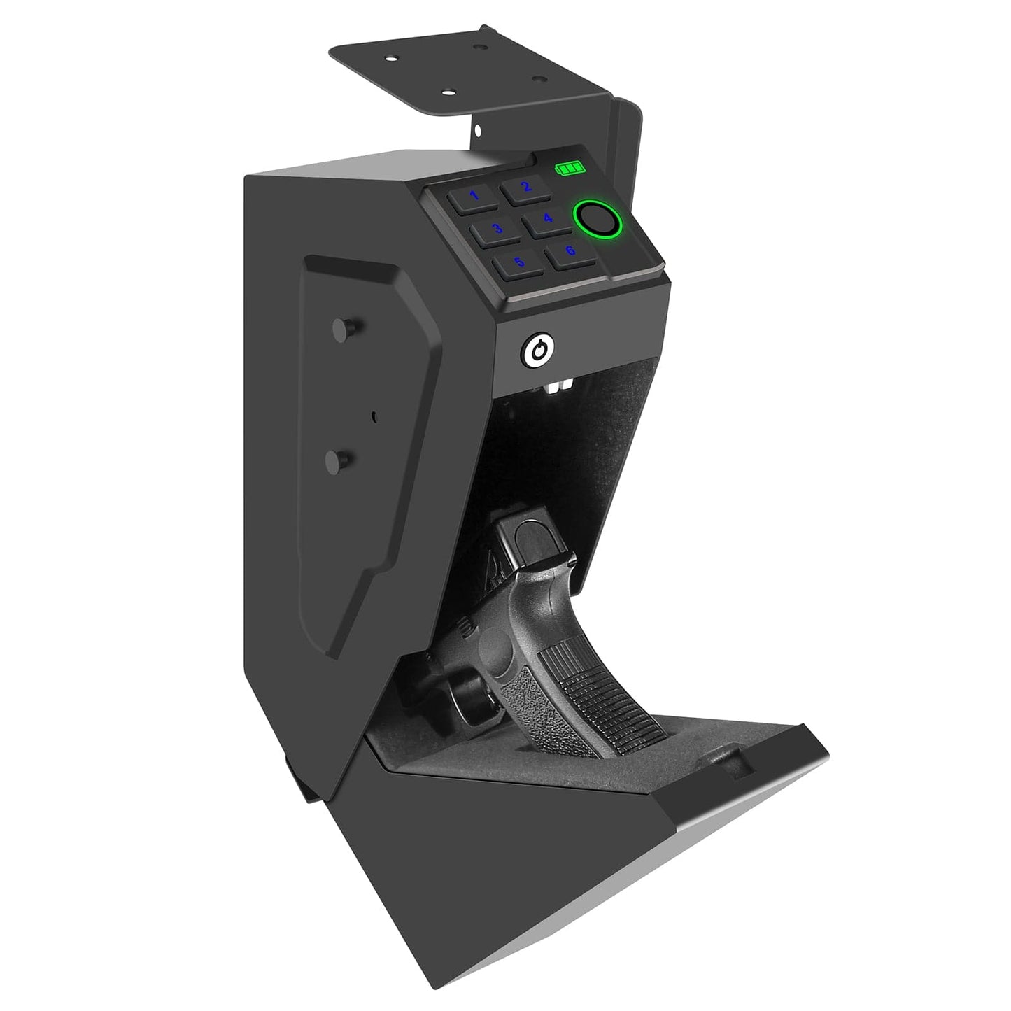 VAULTIQ StrikeLock™ – Biometric Mounted Gun Safe | Auto-Open Access for Nightstand, Desk, Wall & Truck | Fingerprint + 4-Button Backlit Keypad + Key