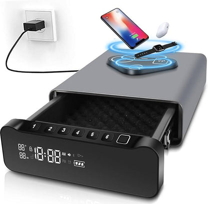 VAULTIQ  Vault Pro– Biometric Fingerprint Security Safe with Clock | 3-in-1 Wireless Charging for Phone & Watch | Alarm + Humidity + Temp Screen