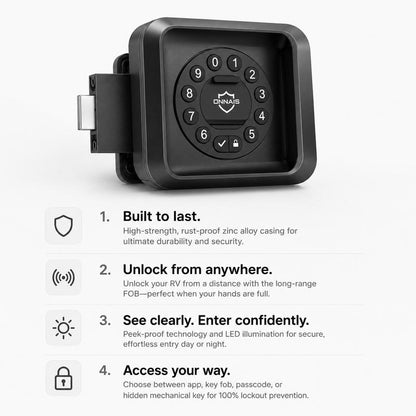 VAULTIQ Guard Pro™ – Keyless Heavy-Duty RV Door Lock | Fits 98% of RVs | App, Keypad & Key Fob