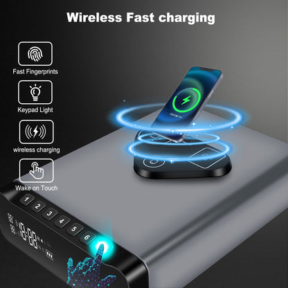 VAULTIQ  Vault Pro– Biometric Fingerprint Security Safe with Clock | 3-in-1 Wireless Charging for Phone & Watch | Alarm + Humidity + Temp Screen
