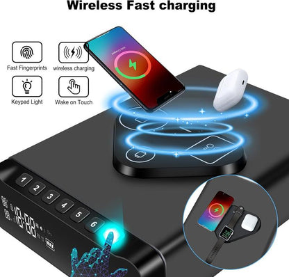 VAULTIQ  Vault Pro– Biometric Fingerprint Security Safe with Clock | 3-in-1 Wireless Charging for Phone & Watch | Alarm + Humidity + Temp Screen