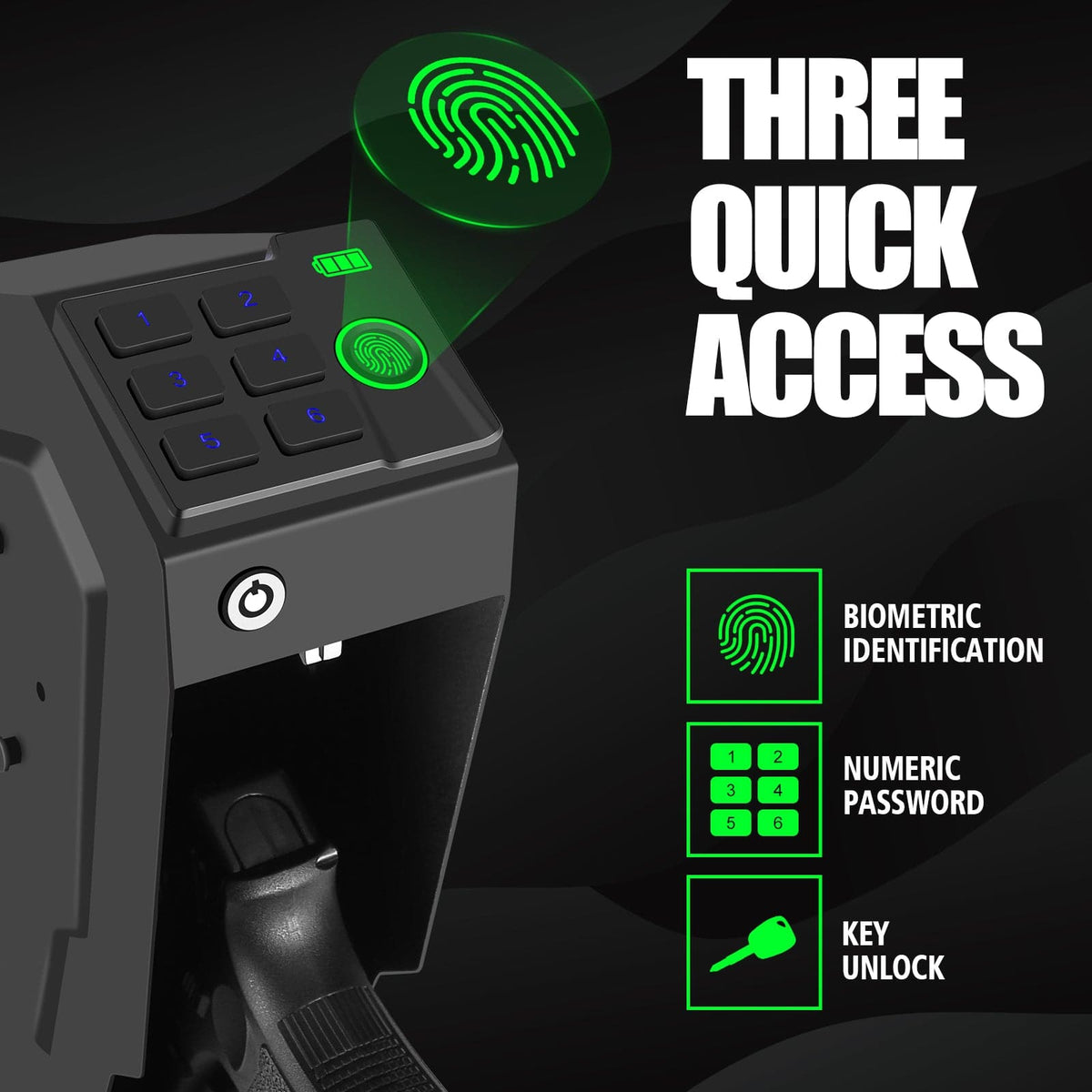 VAULTIQ StrikeLock™ – Biometric Mounted Gun Safe | Auto-Open Access for Nightstand, Desk, Wall & Truck | Fingerprint + 4-Button Backlit Keypad + Key
